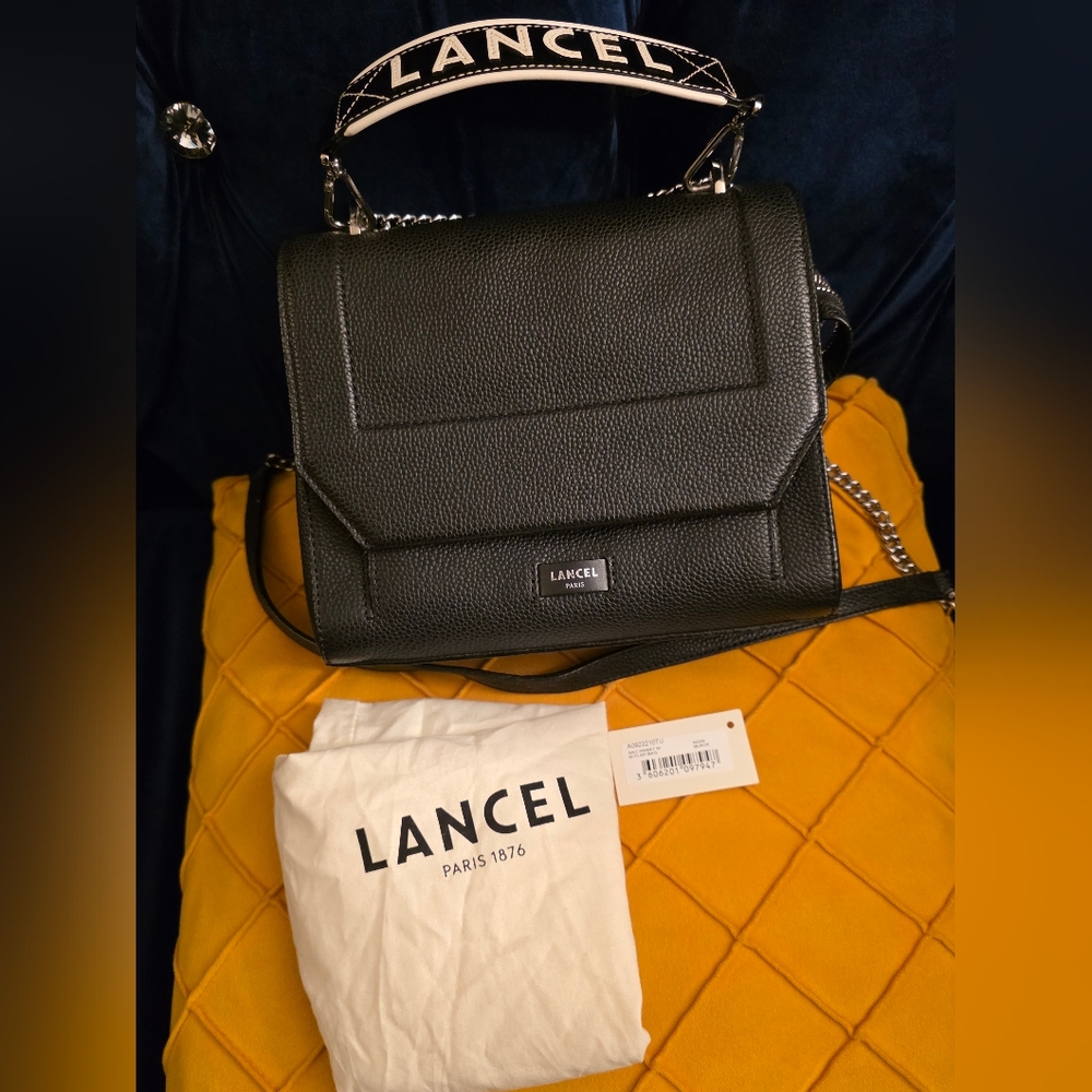 LANCEL Ninon Medium flap bag in black grained leather. 